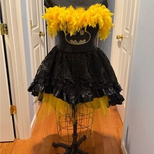Custom Batman Dress Feather Bustier Cosplay Costume, Black & Yellow Tulle Skirt